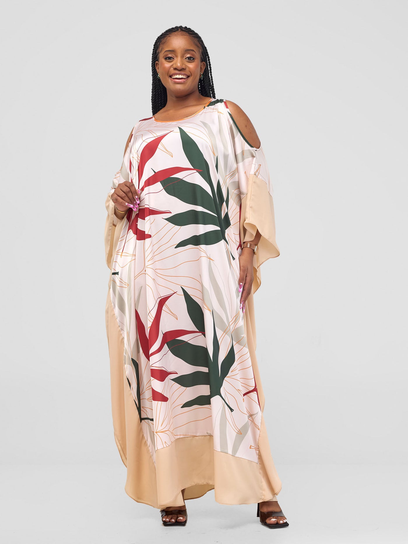 Kelemi Maxi Kaftan Dress - Rust / Green Leke Print + Cream