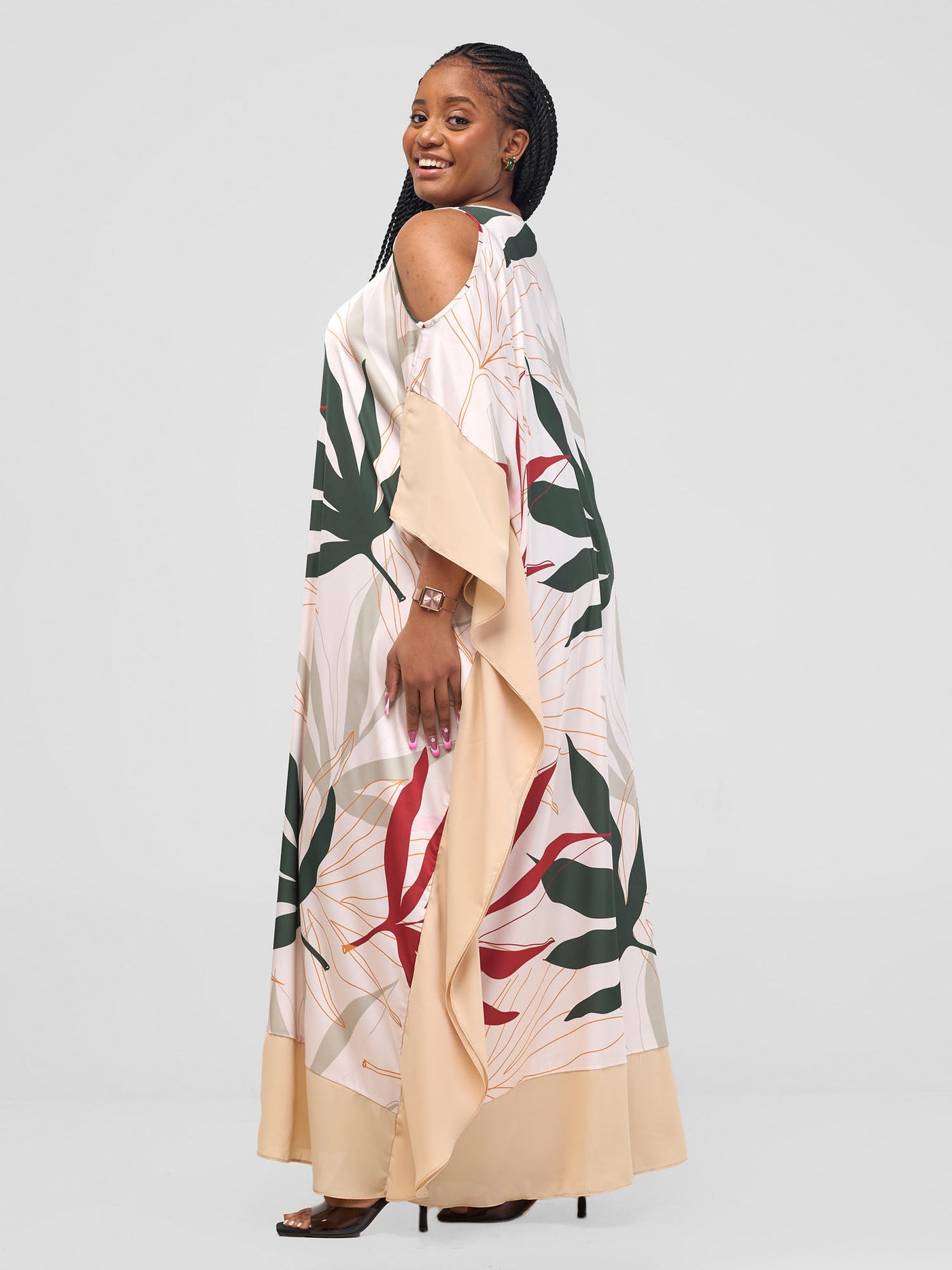 Kelemi Maxi Kaftan Dress - Rust / Green Leke Print + Cream