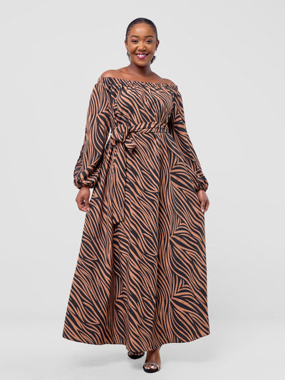 Vivo Yumi Off Shoulder Maxi Dress - Black / Brown Print - Shopzetu