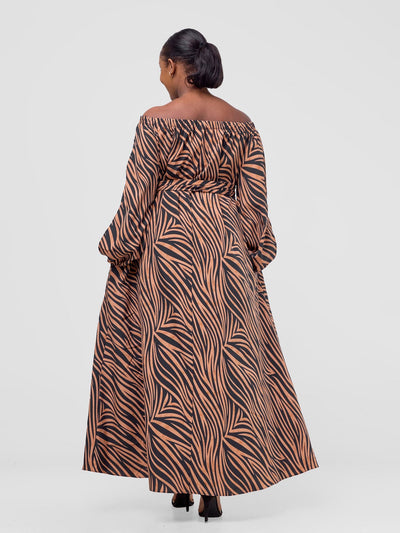 Vivo Yumi Off Shoulder Maxi Dress - Black / Brown Print - Shopzetu