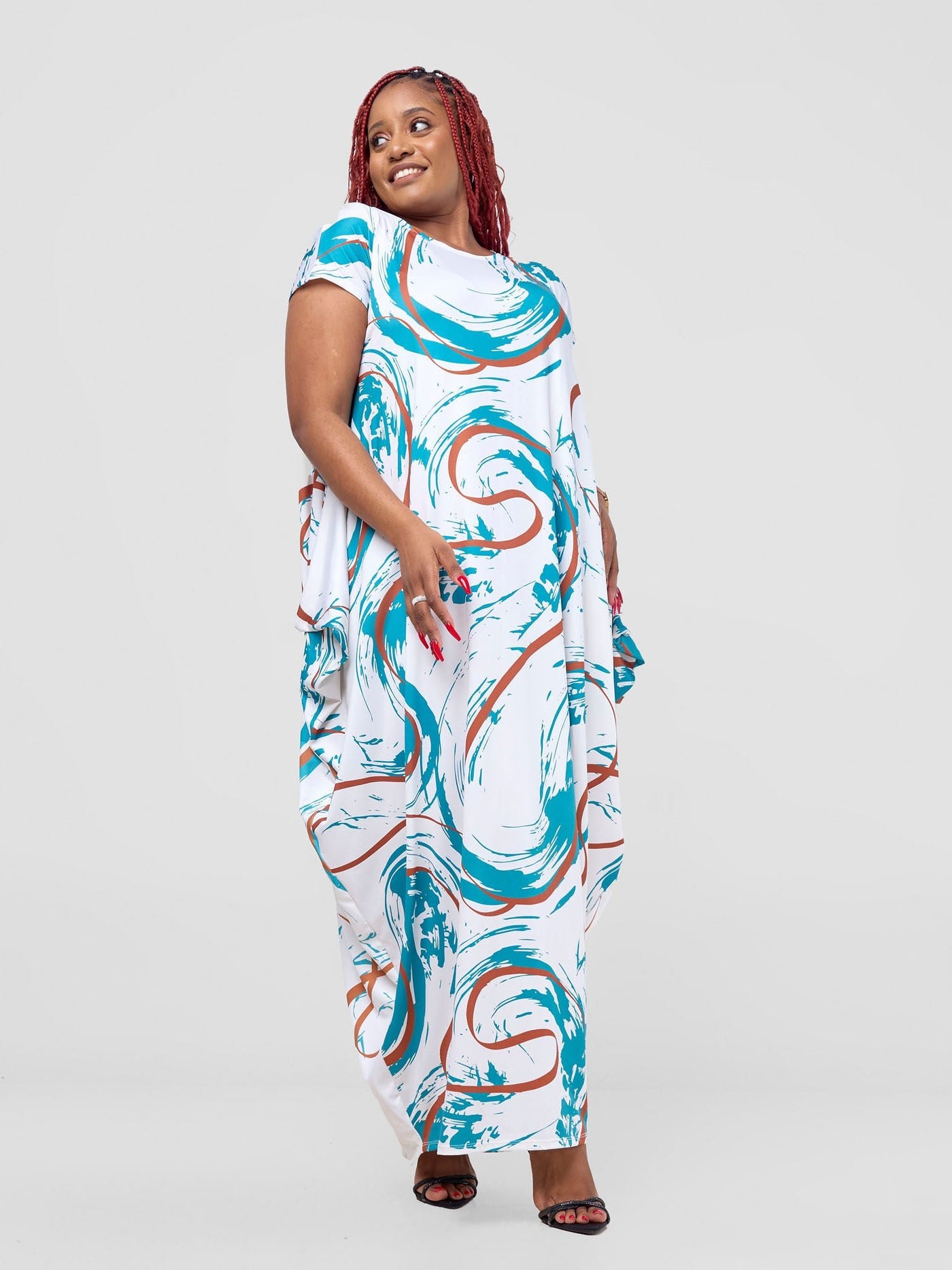 Vivo Lumi Drop Shoulder Maxi Dress - White / Teal Kita Print - Shopzetu