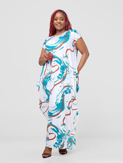 Vivo Lumi Drop Shoulder Maxi Dress - White / Teal Kita Print - Shopzetu