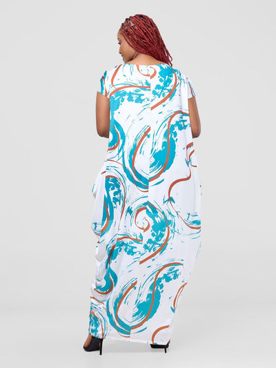 Vivo Lumi Drop Shoulder Maxi Dress - White / Teal Kita Print - Shopzetu