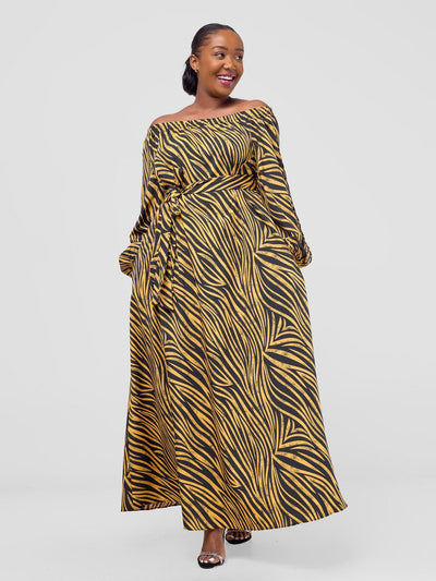 Vivo Yumi Off Shoulder Maxi Dress - Black / Yellow Print - Shopzetu