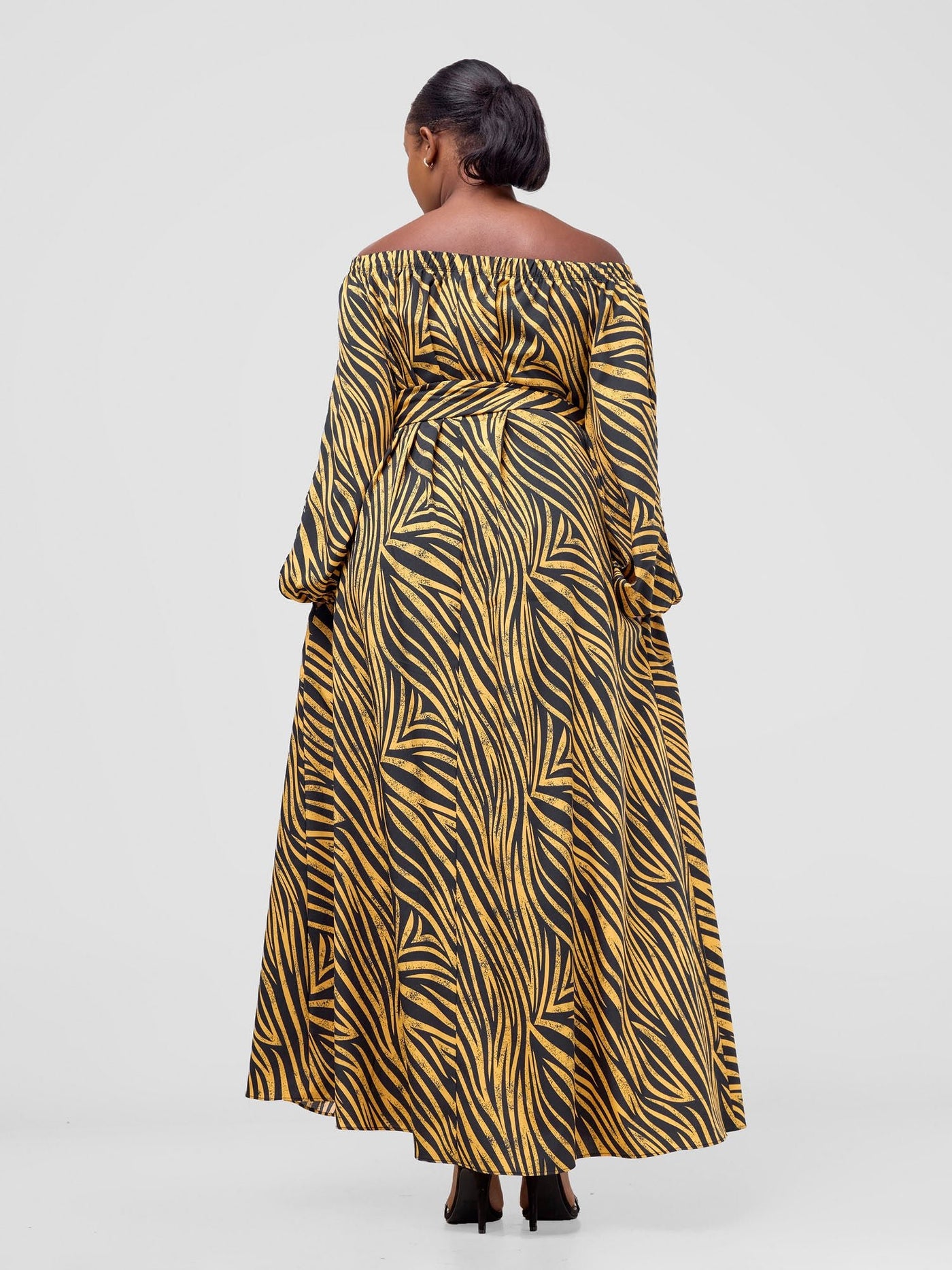 Vivo Yumi Off Shoulder Maxi Dress - Black / Yellow Print - Shopzetu