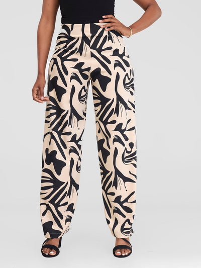 Vivo Zahari Straight Leg Pants - Beige / Black Zari Print