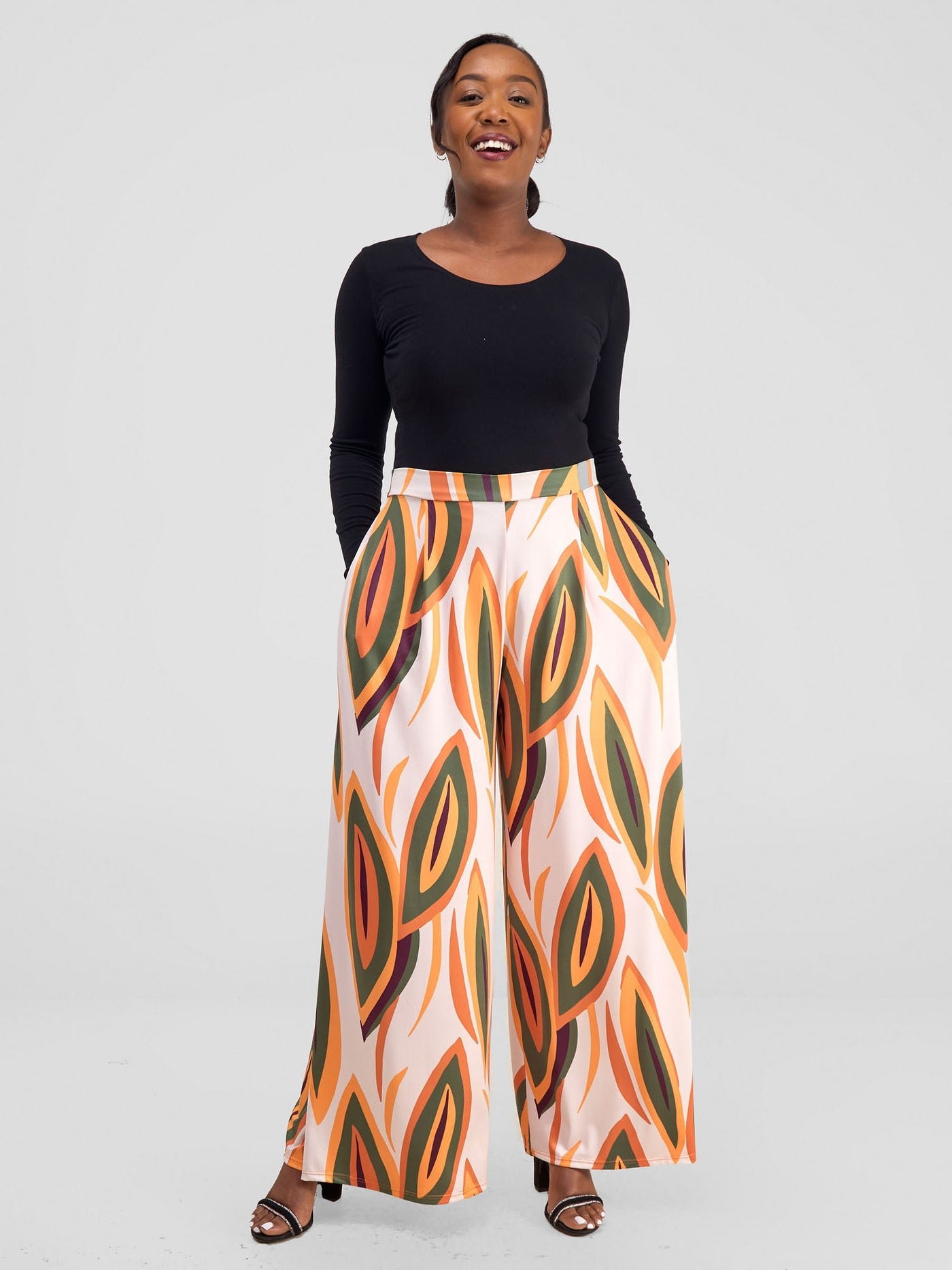 Vivo Kala Palazzo Pants - Taupe / Orange Bemba Print - Shopzetu