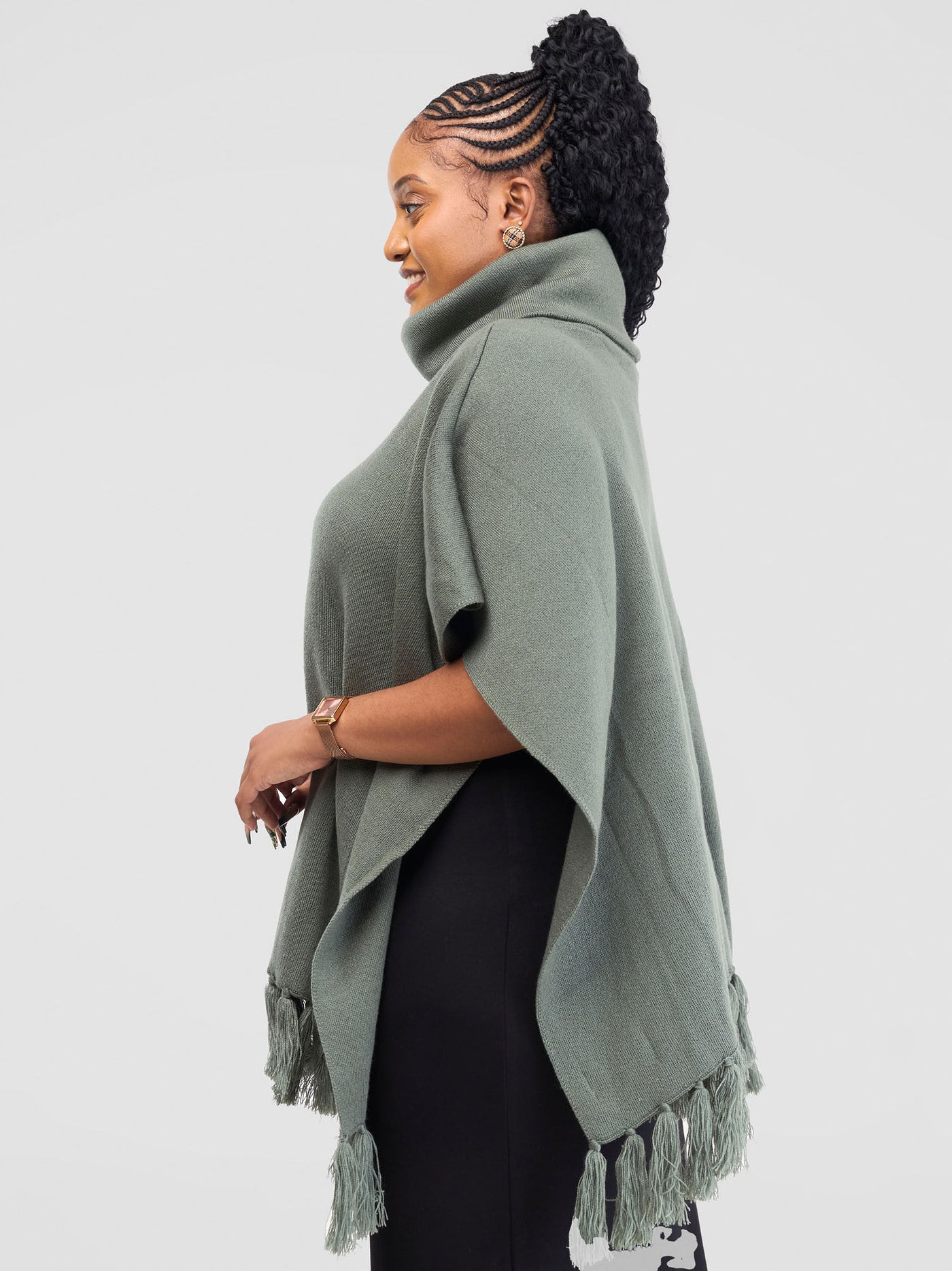 Vivo Turtleneck Knit Fringe Poncho - Dark Sage