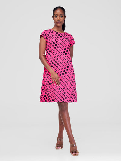 Vivo Imara Cap Sleeve A-Line Dress - Pink Chale print