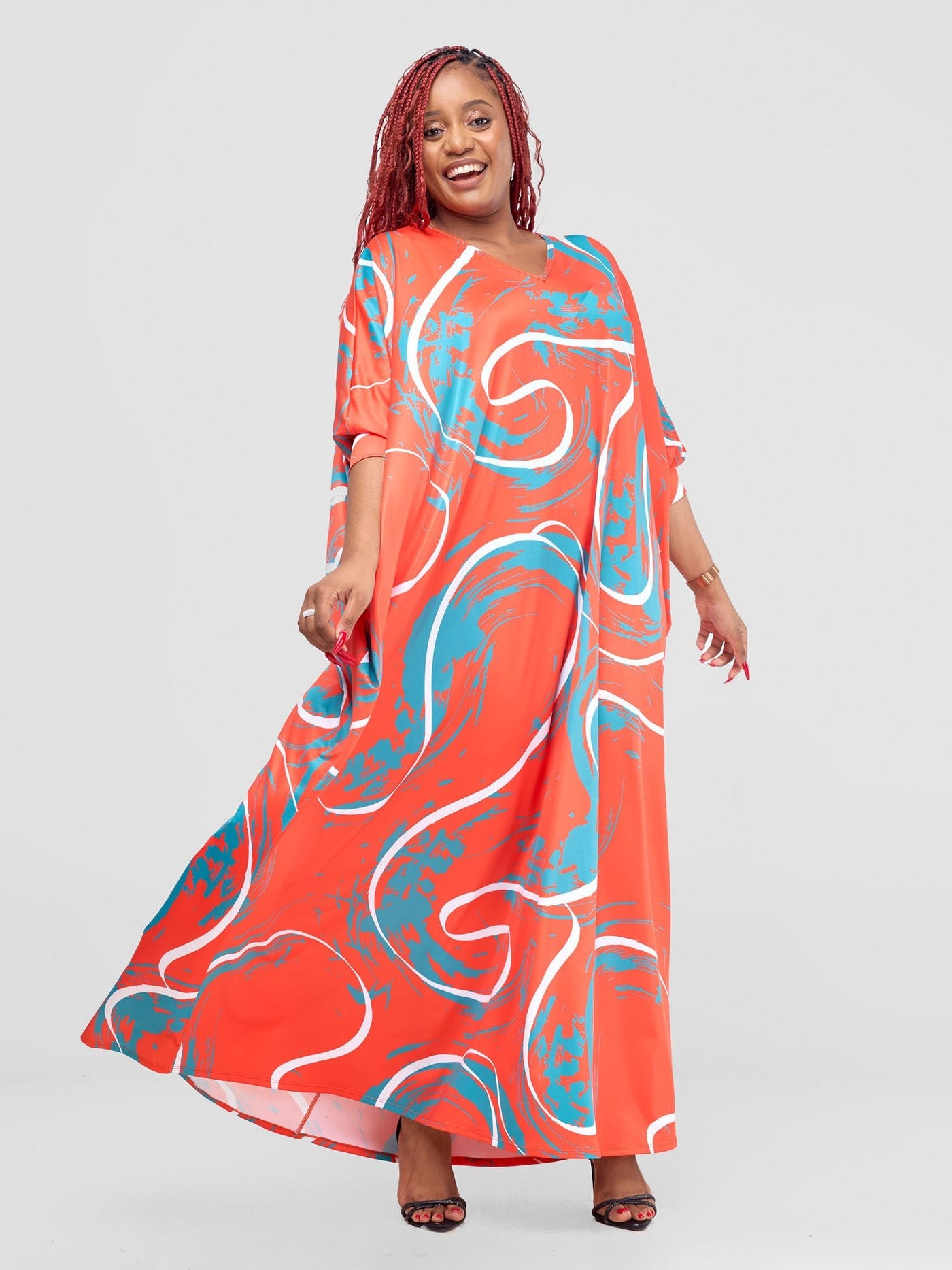 Vivo Lumi Cuffed Dolman Maxi Dress - Orange / Teal Kita Print - Shopzetu