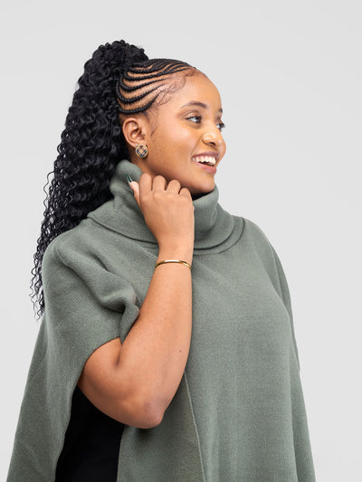 Vivo Turtleneck Knit Fringe Poncho - Dark Sage