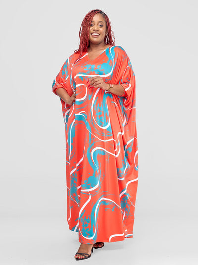 Vivo Lumi Cuffed Dolman Maxi Dress - Orange / Teal Kita Print - Shopzetu