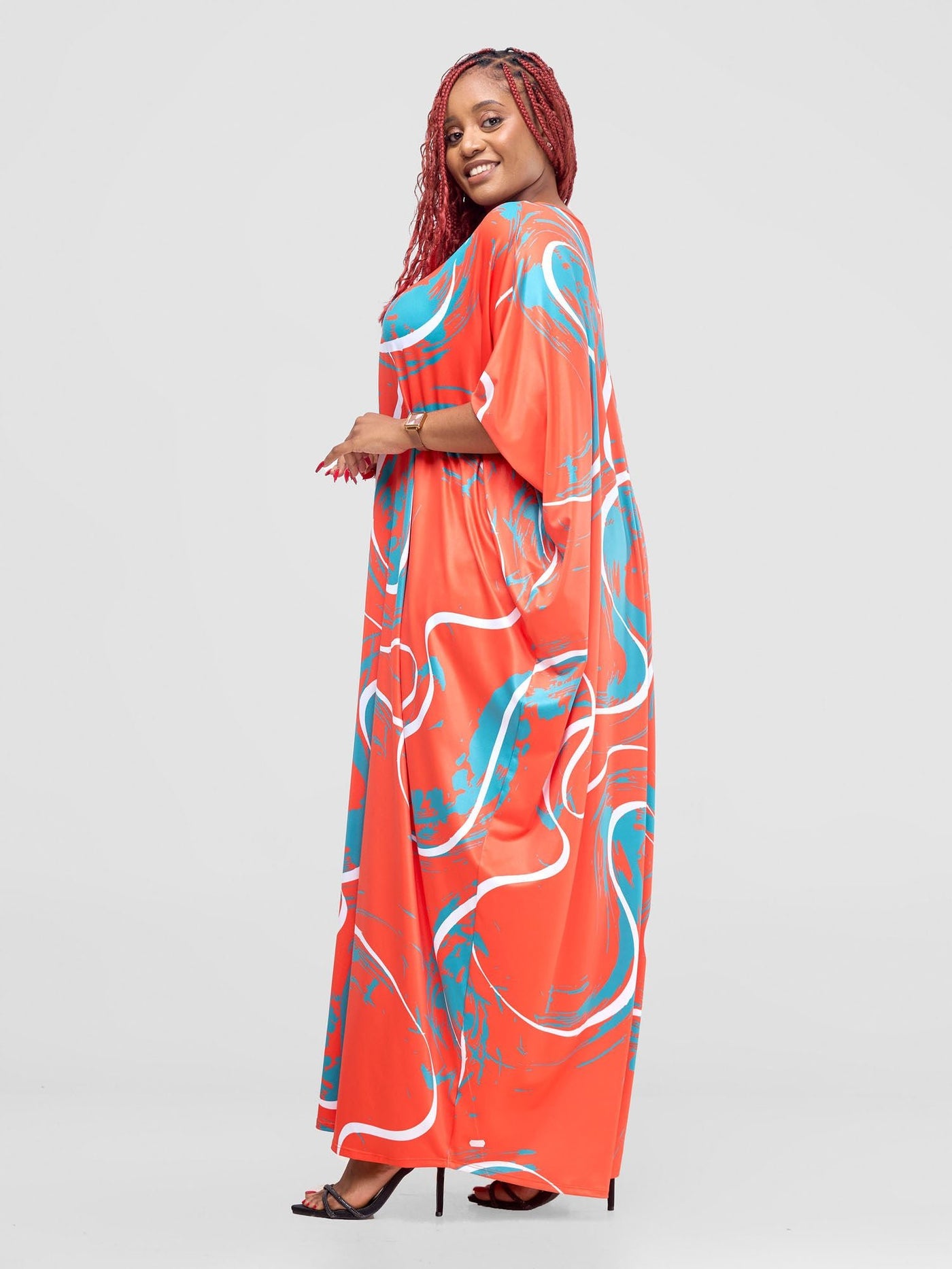 Vivo Lumi Cuffed Dolman Maxi Dress - Orange / Teal Kita Print - Shopzetu