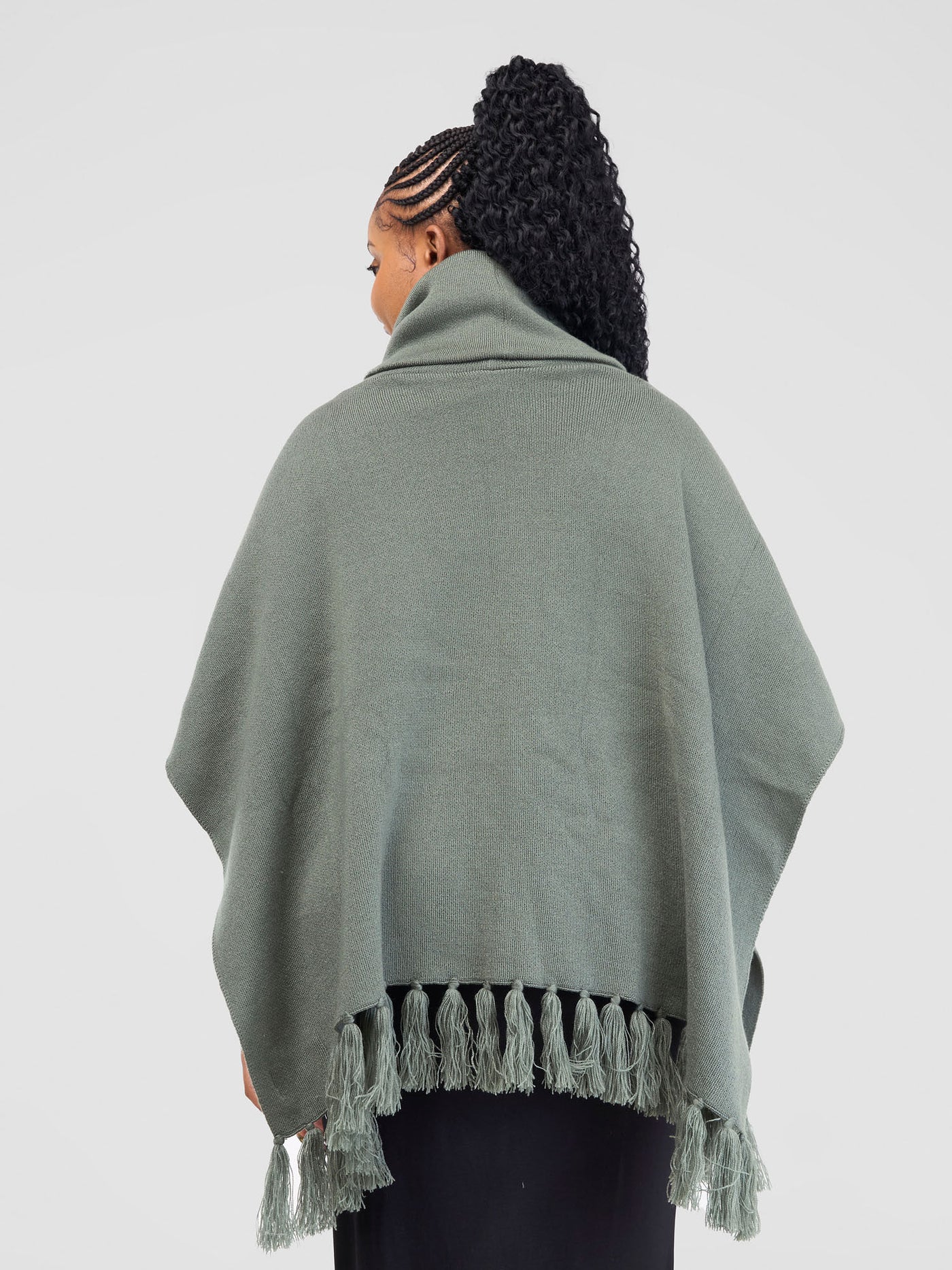 Vivo Turtleneck Knit Fringe Poncho - Dark Sage