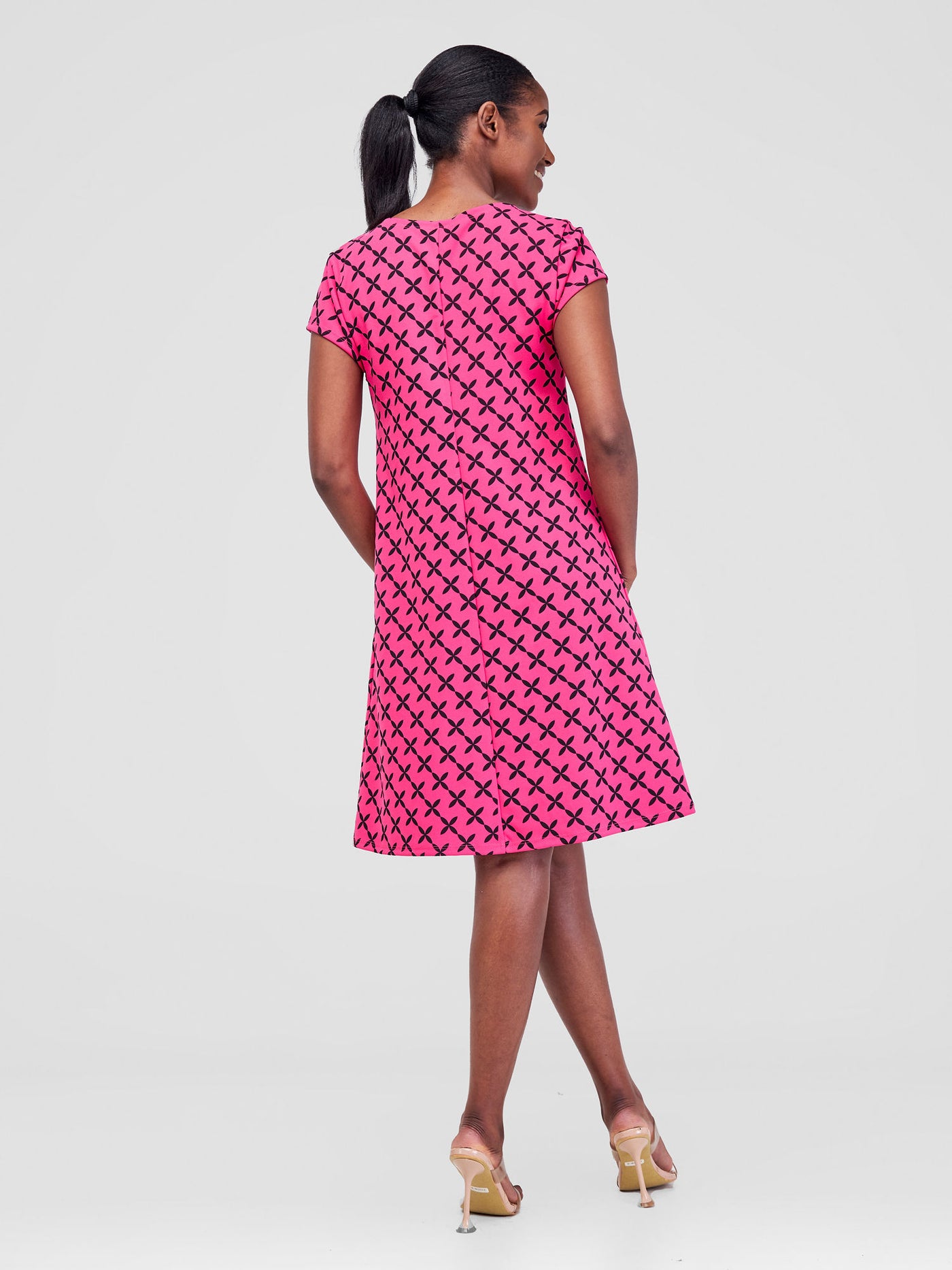Vivo Imara Cap Sleeve A-Line Dress - Pink Chale print