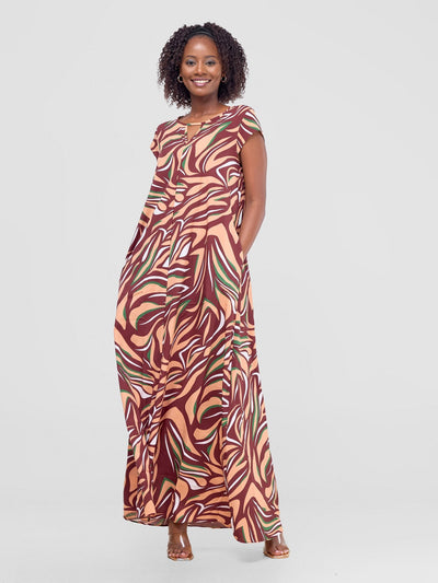 Vivo Sakari Cap Sleeve Maxi Dress - Peach / Brown Print - Shopzetu