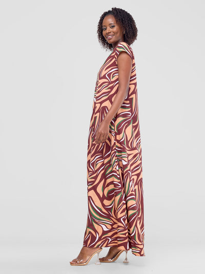 Vivo Sakari Cap Sleeve Maxi Dress - Peach / Brown Print - Shopzetu