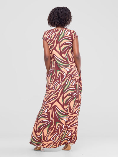 Vivo Sakari Cap Sleeve Maxi Dress - Peach / Brown Print - Shopzetu