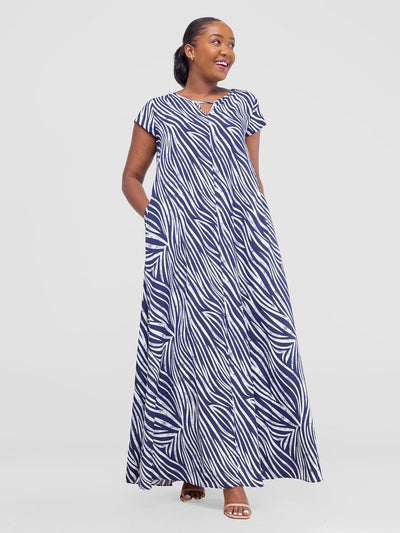 Vivo Sakari Cap Sleeve Maxi Dress - Navy / White Print - Shopzetu