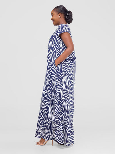 Vivo Sakari Cap Sleeve Maxi Dress - Navy / White Print - Shopzetu