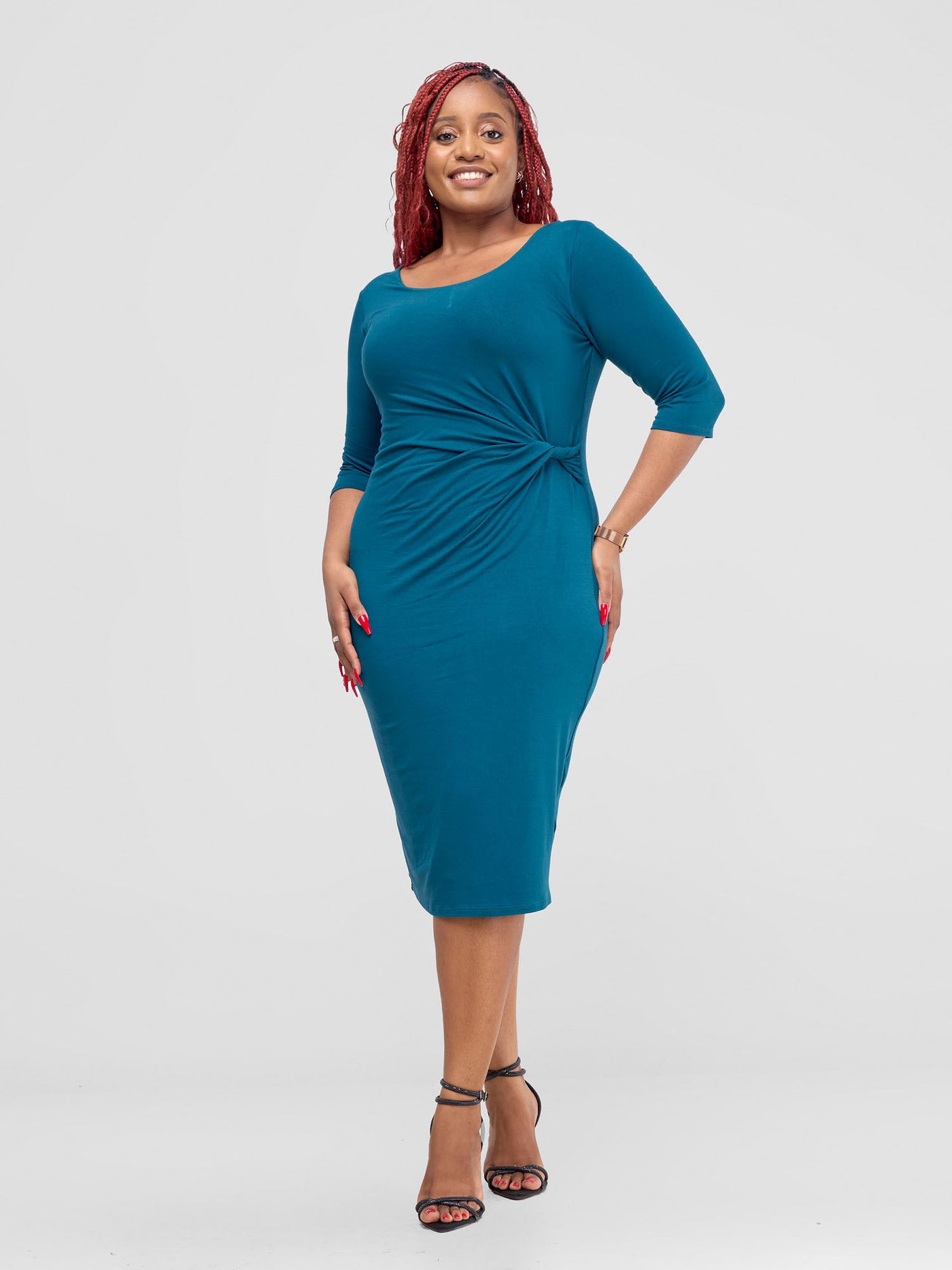 Vivo Basic Side Twist Knee Length Dress - Teal