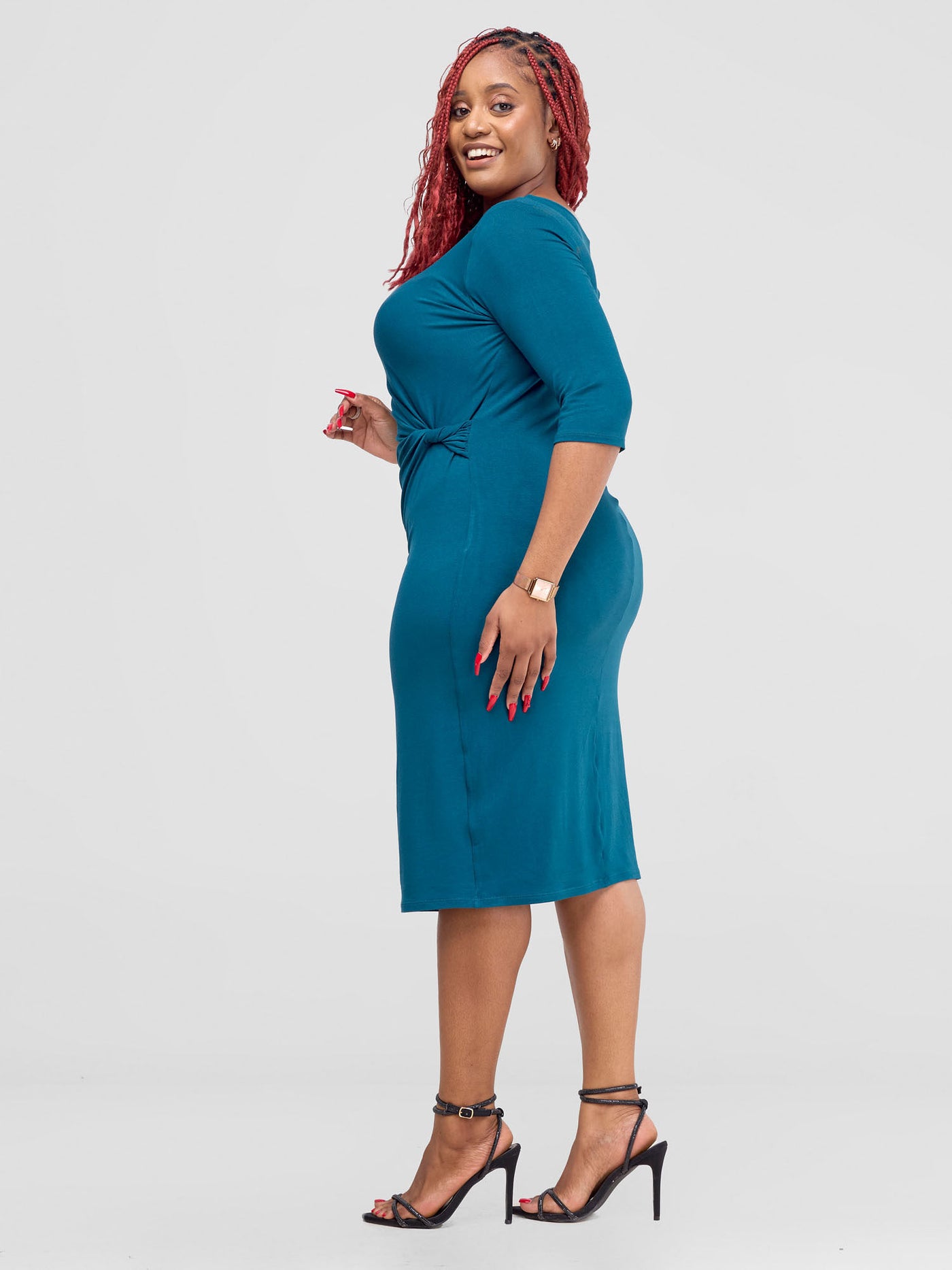 Vivo Basic Side Twist Knee Length Dress - Teal