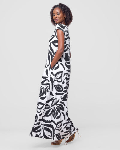 Vivo Sakari Cap Sleeve Maxi Dress - Black / White Print