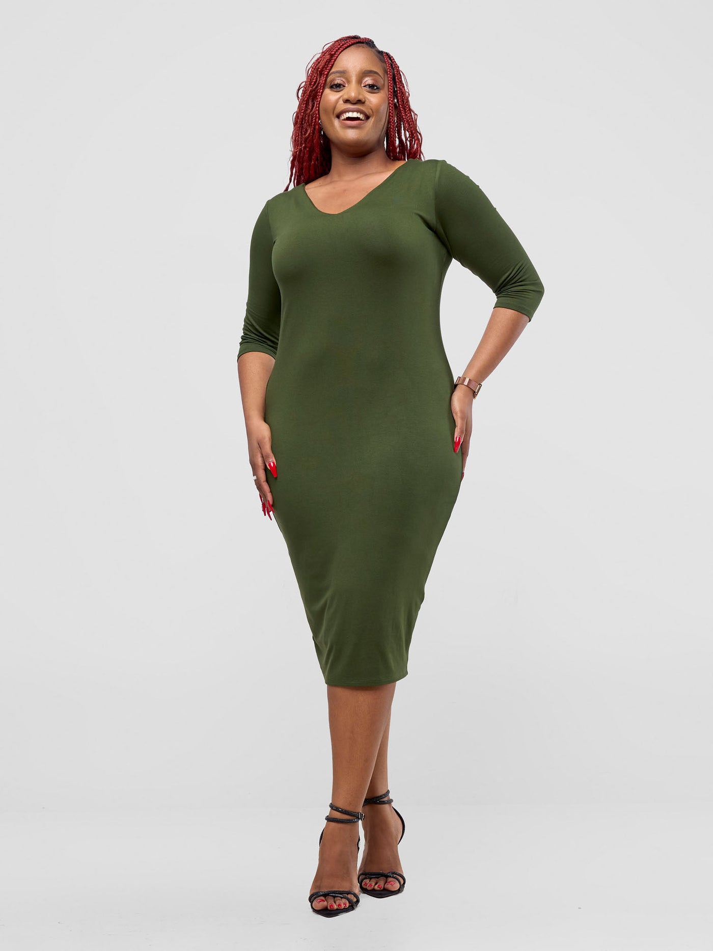 Basic 3/4 Sleeve Double Layered Bodycon Dress - Hunters