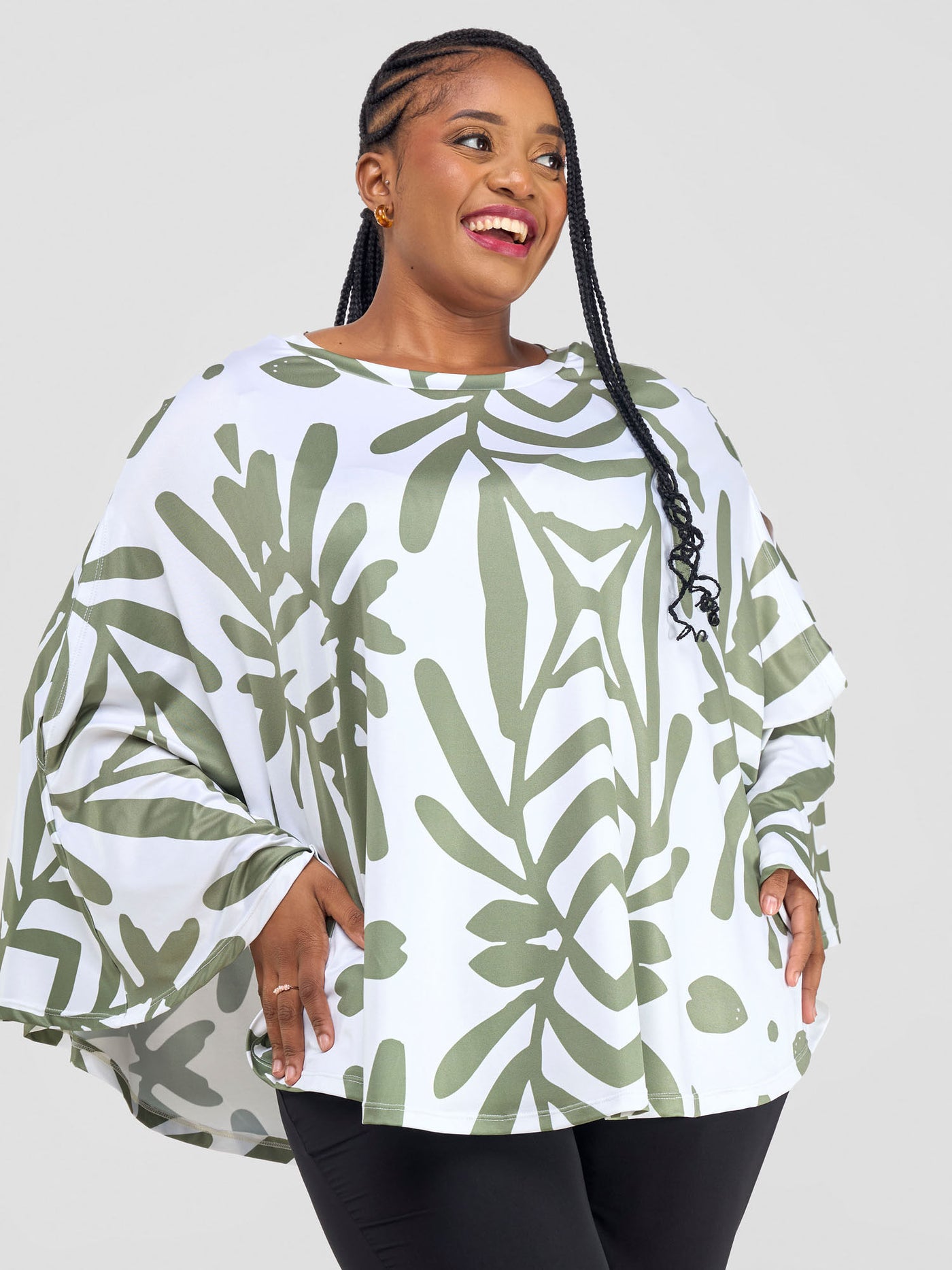 Kala Slit Poncho Top - White / Hunters Ukiwi Print