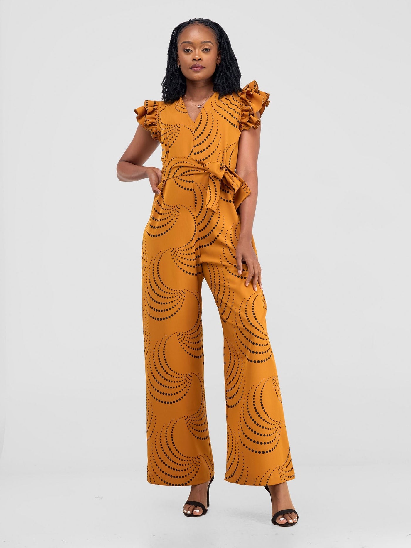 Vivo Nasinka Ruffle Sleeve Jumpsuit Dark Mustard Black Sinka Print Shopzetu