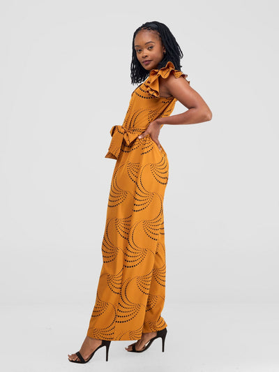 Vivo Nasinka Ruffle Sleeve Jumpsuit - Dark Mustard / Black Sinka Print - Shopzetu