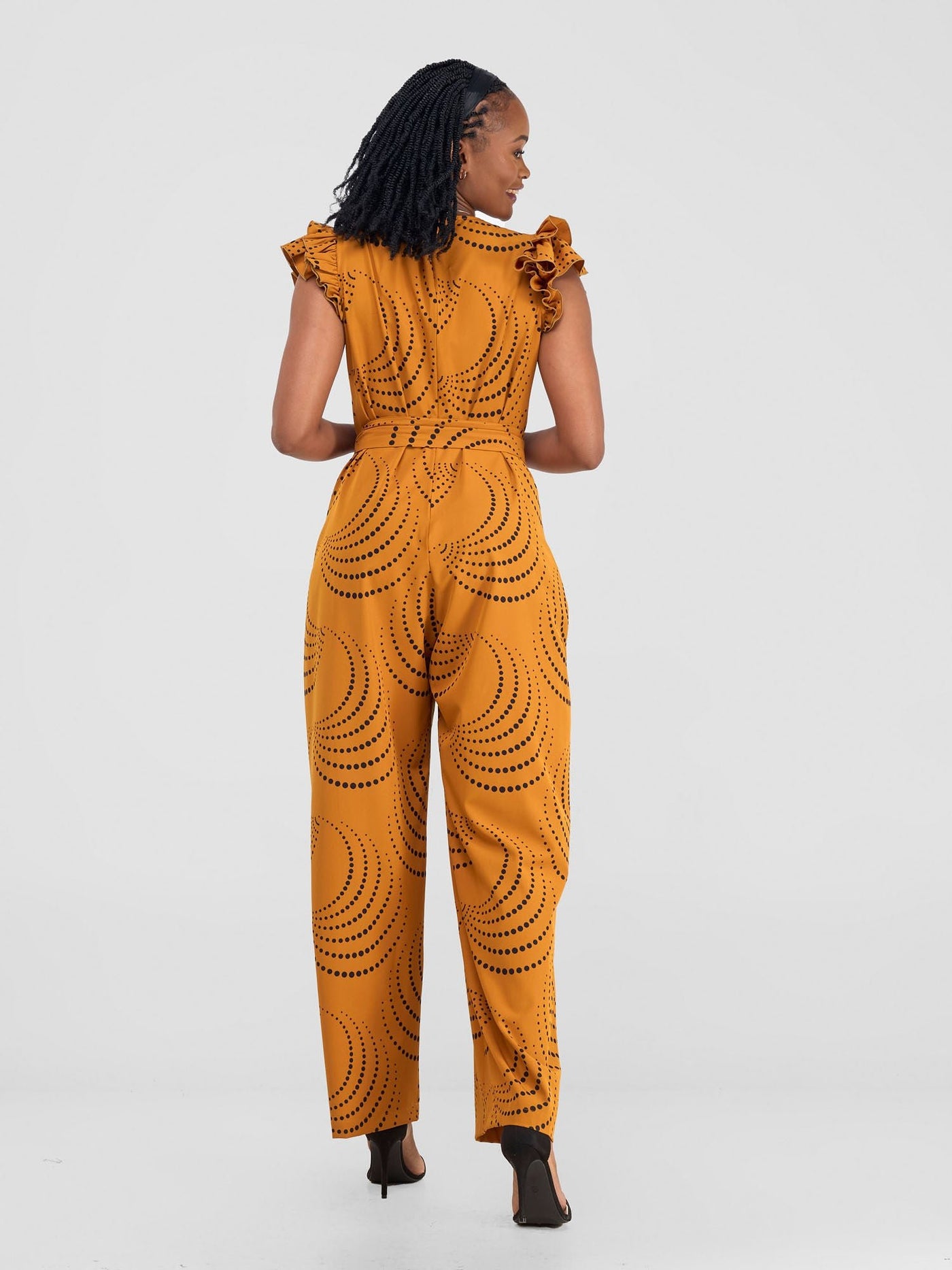 Vivo Nasinka Ruffle Sleeve Jumpsuit - Dark Mustard / Black Sinka Print - Shopzetu