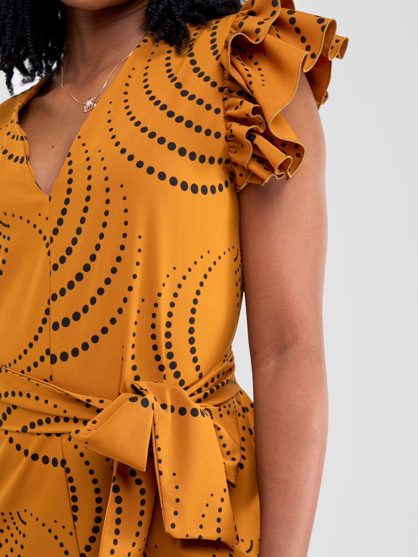 Vivo Nasinka Ruffle Sleeve Jumpsuit - Dark Mustard / Black Sinka Print - Shopzetu