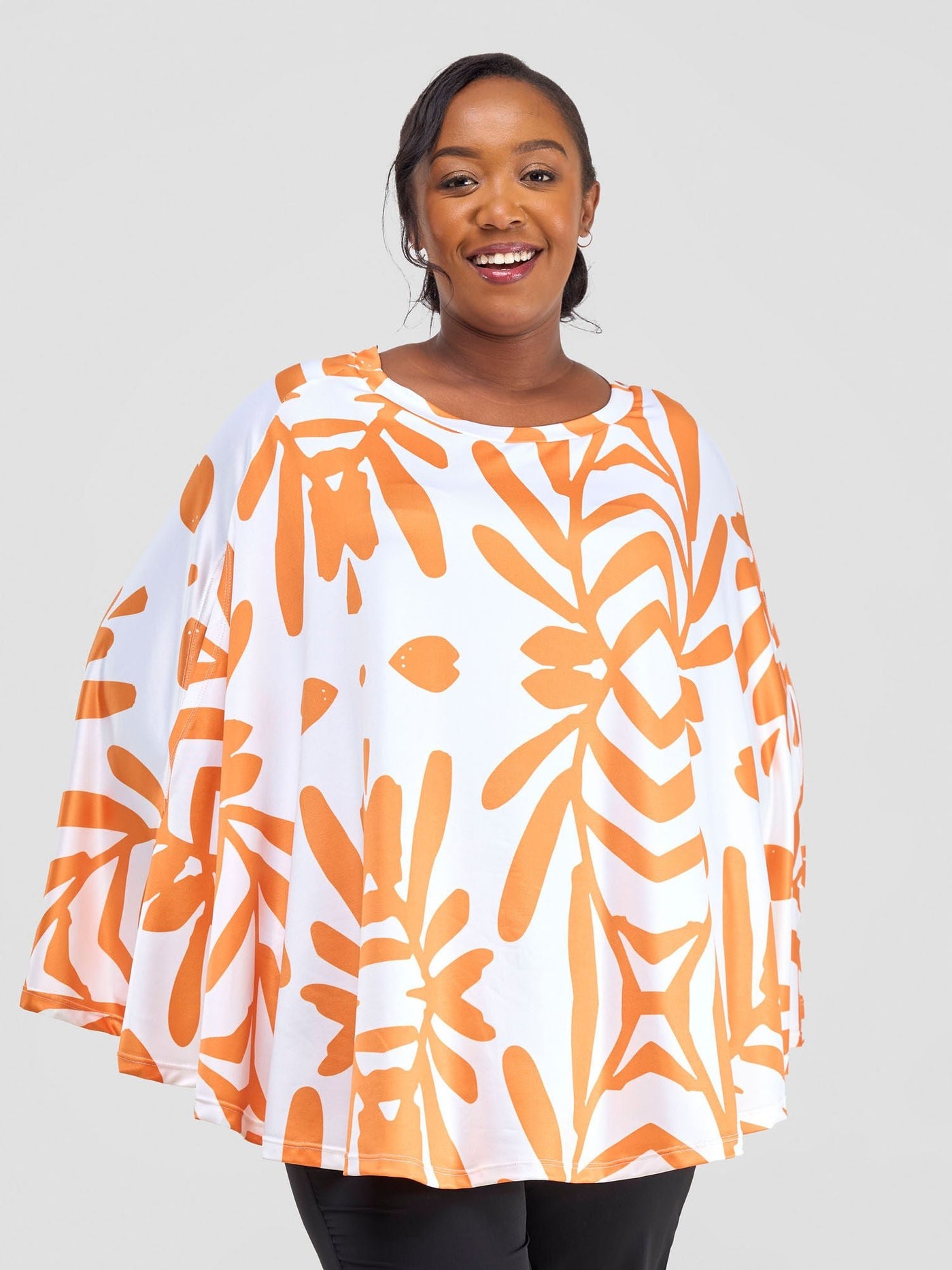 Vivo Kala Slit Poncho Top - White / Orange Ukiwi Print - Shopzetu