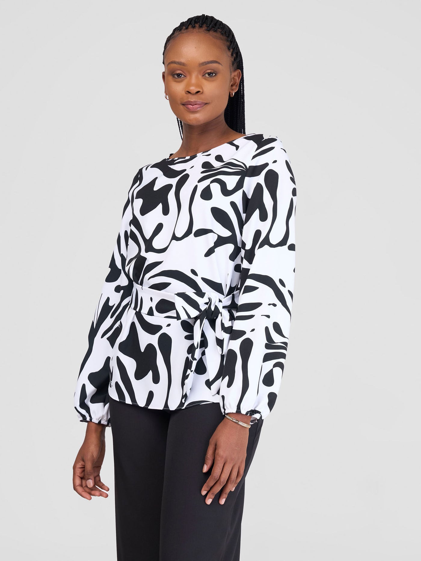 Vivo Zahari Bishop Sleeve Top With Belt - White / Black Zari Print