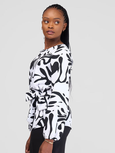 Vivo Zahari Bishop Sleeve Top With Belt - White / Black Zari Print