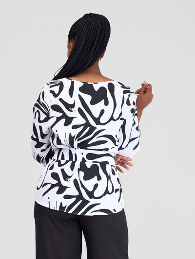 Vivo Zahari Bishop Sleeve Top With Belt - White / Black Zari Print