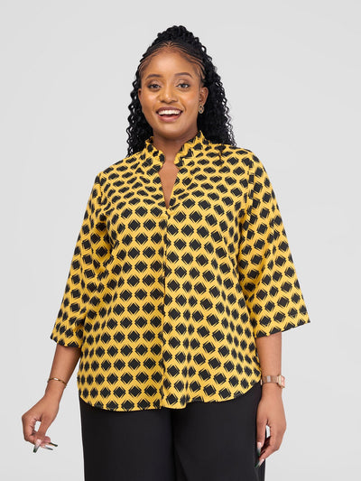 Vivo Saida 3/4 Sleeve Top - Mustard/Black Gola Print - Shopzetu