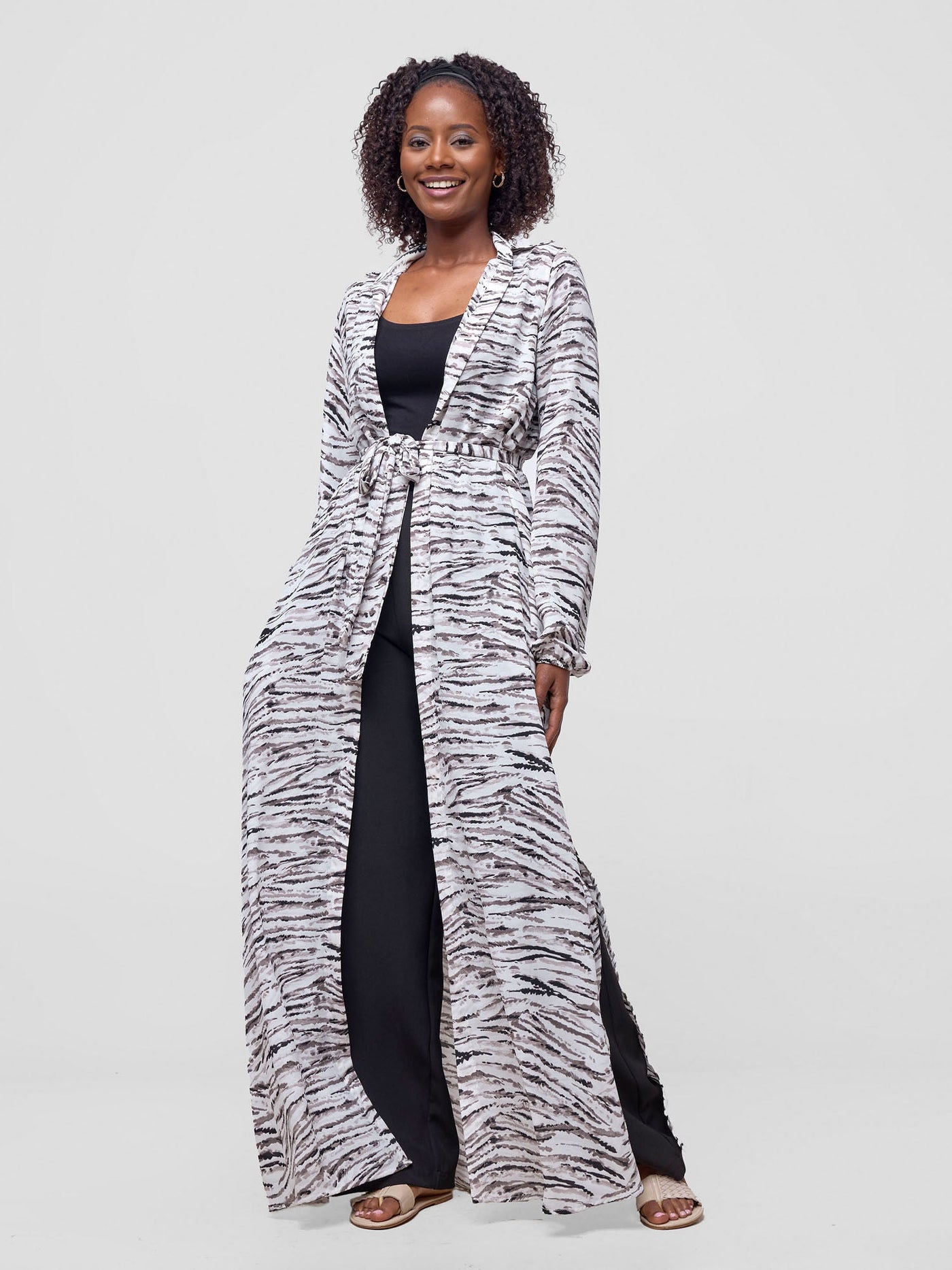 Vivo Sana Long Sleeved Maxi cover-Up - Black / White Animal stripes Print