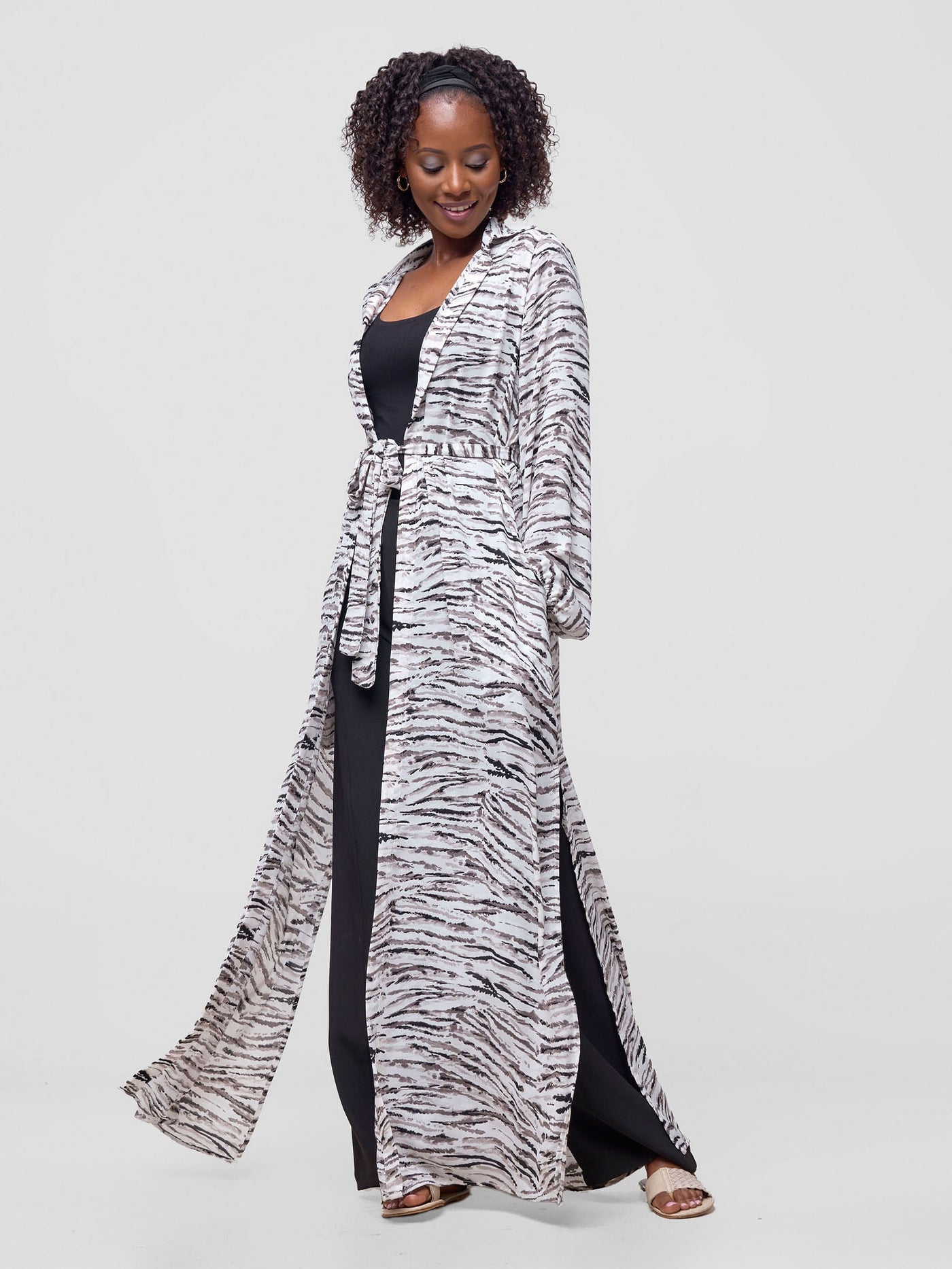 Vivo Sana Long Sleeved Maxi cover-Up - Black / White Animal stripes Print