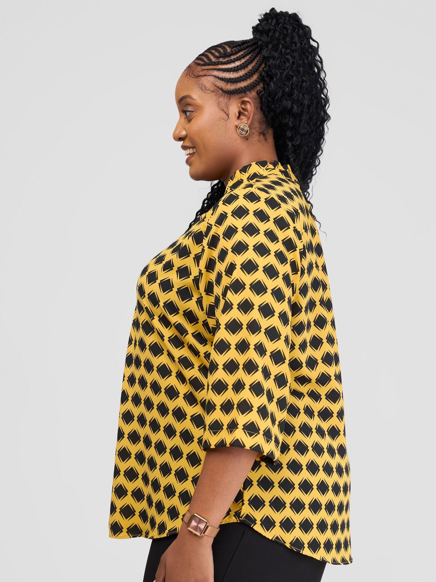 Vivo Saida 3/4 Sleeve Top - Mustard/Black Gola Print - Shopzetu