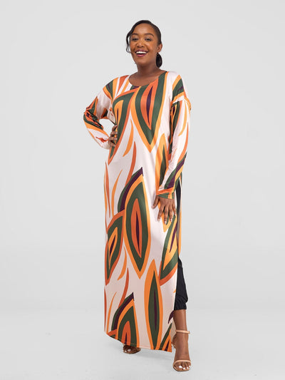 Vivo Kala Loose Maxi Top - Taupe / Orange Bemba Print - Shopzetu