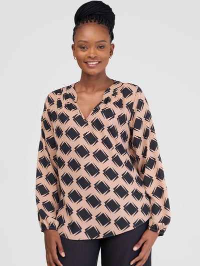 Vivo Saida Bishop Sleeve Top - Tan / Black Gola Print - Shopzetu