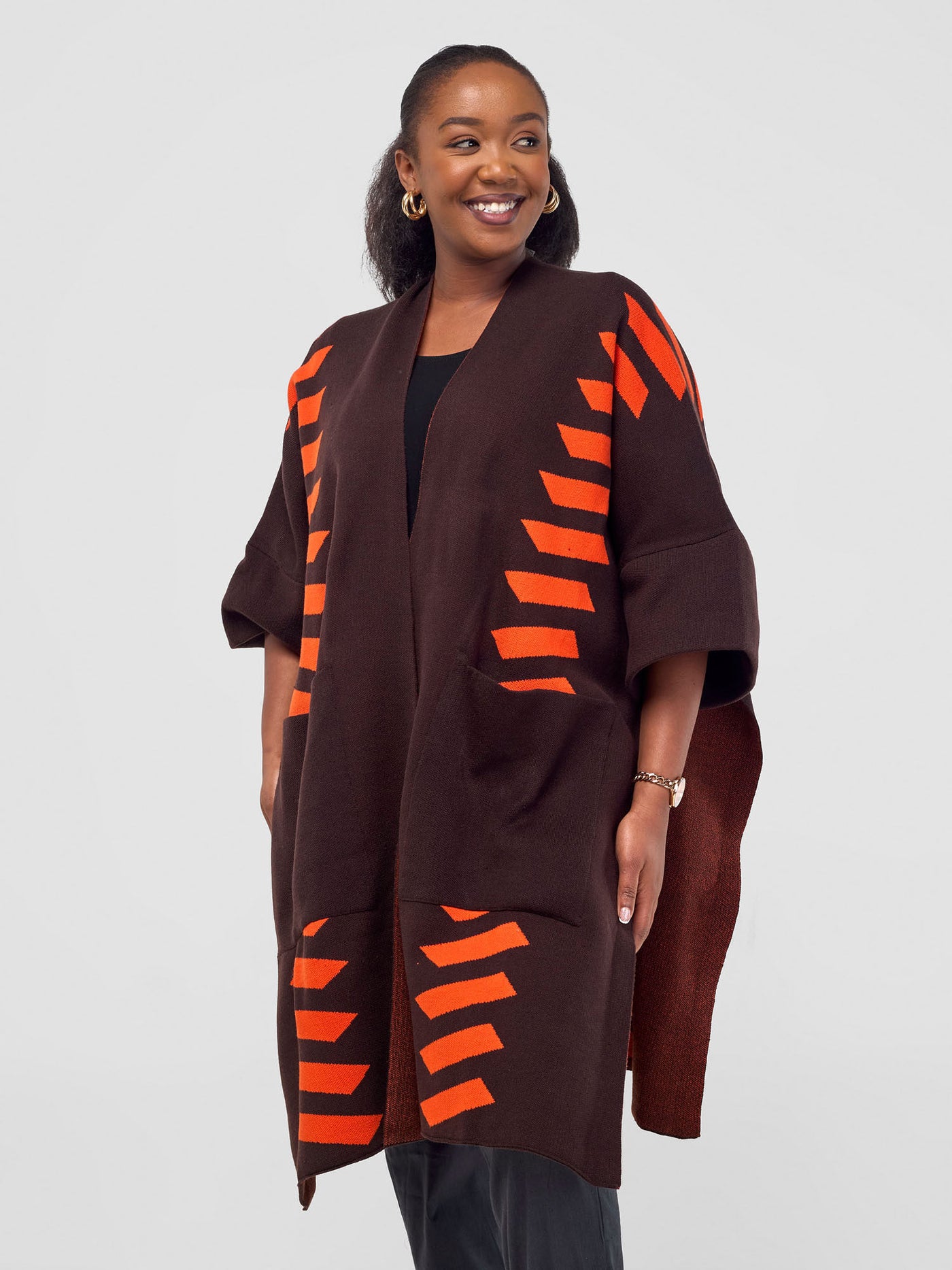 Safari Dila Poncho - Chocolate Brown / Tangerine