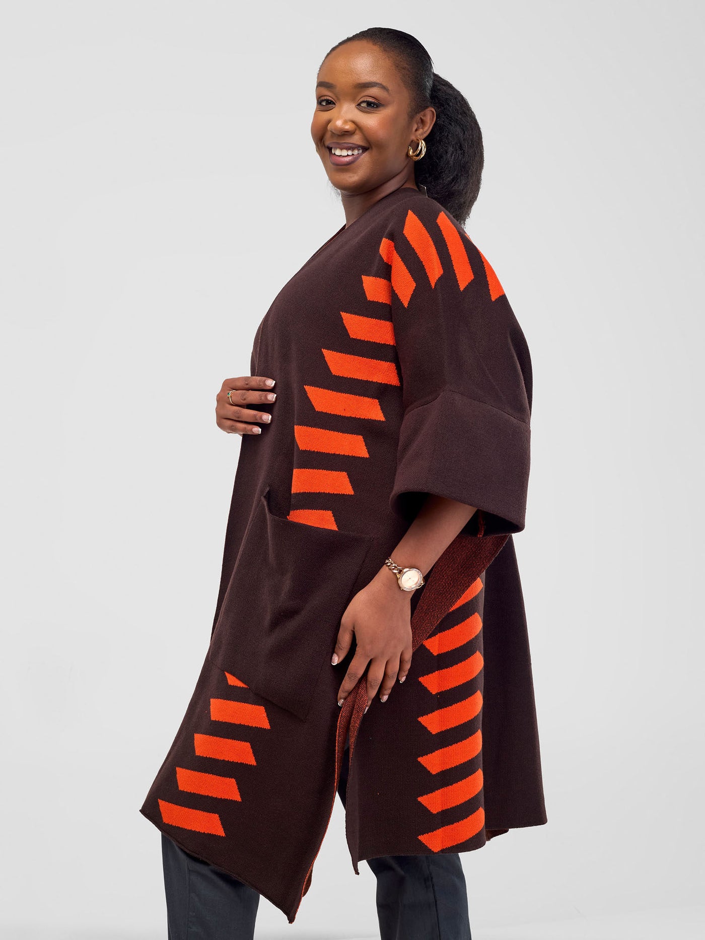 Safari Dila Poncho - Chocolate Brown / Tangerine