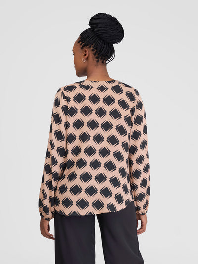 Vivo Saida Bishop Sleeve Top - Tan / Black Gola Print - Shopzetu