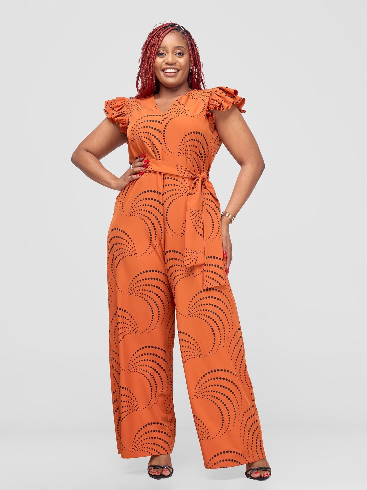 Vivo Nasinka Ruffle Sleeve Jumpsuit - Dark Orange / Black Sinka Print - Shopzetu