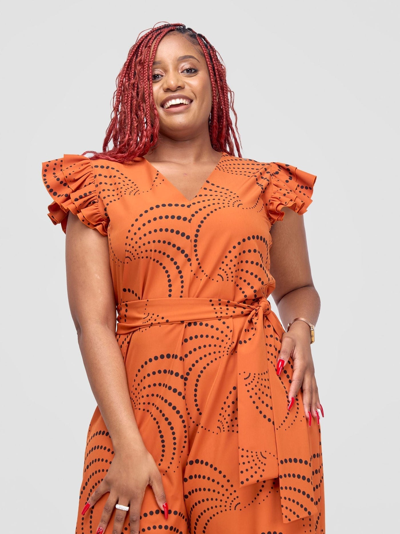 Vivo Nasinka Ruffle Sleeve Jumpsuit - Dark Orange / Black Sinka Print - Shopzetu