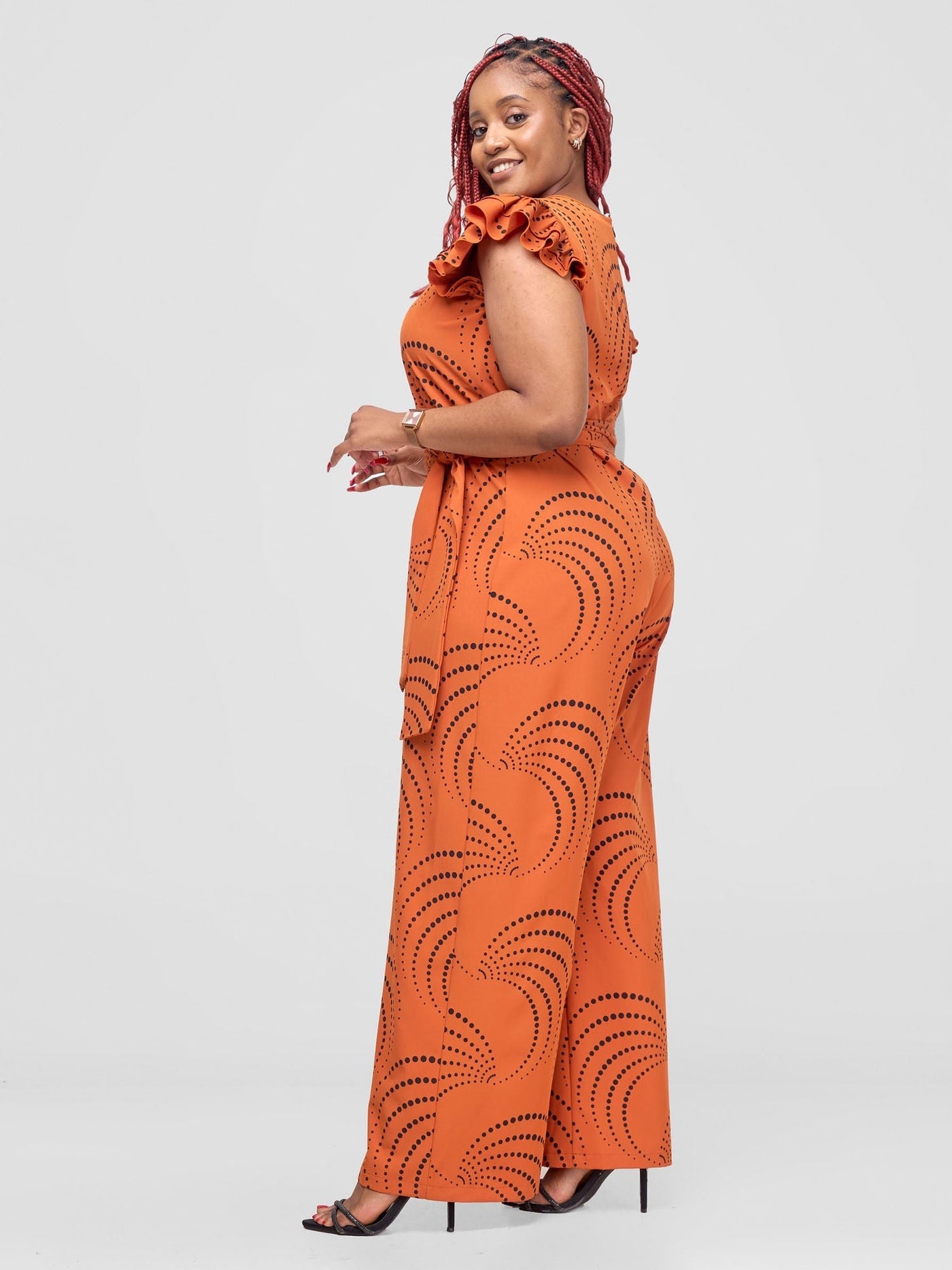 Vivo Nasinka Ruffle Sleeve Jumpsuit - Dark Orange / Black Sinka Print - Shopzetu