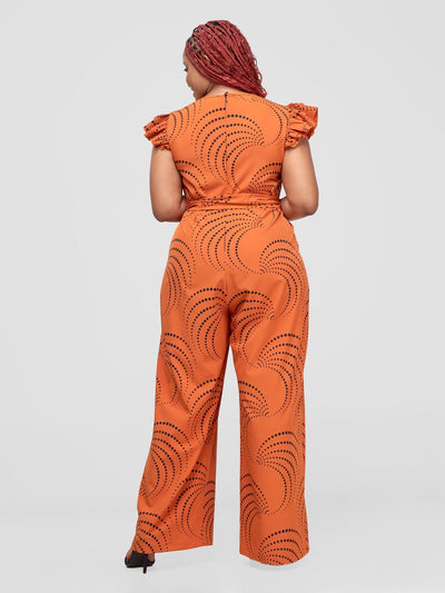 Vivo Nasinka Ruffle Sleeve Jumpsuit - Dark Orange / Black Sinka Print - Shopzetu